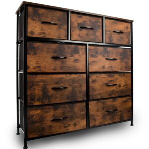 cerbior wide drawer dresser storage organizer 9-drawer closet shelves, sturdy steel frame marbling wood top with easy pull fabric bins for clothing, blankets (9-rustic brown drawers)