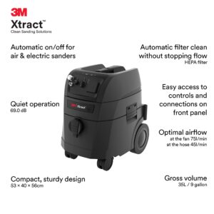 3M Xtract Portable Dust Extractor, 64256, 9 Gallon/35 Liter, Industrial Vacuum with Automatic Filter Clean Without Flow Stoppage, HEPA Filter, Compatibility with Pneumatic and Electric Sanders , Black