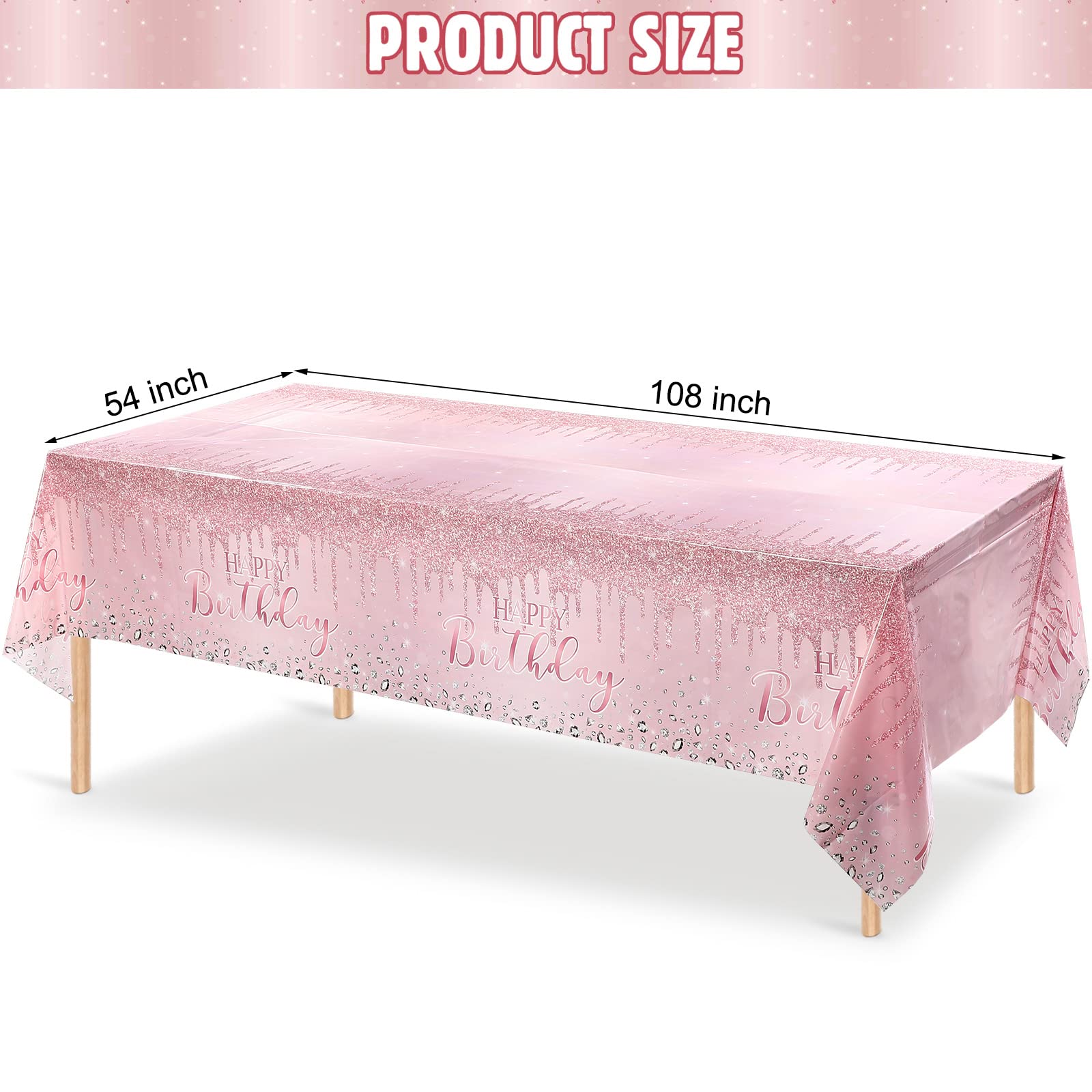 3 Pcs Pink and Rose Gold Tablecloths Glitter Diamond Table Cover PE Girl Party Glitter Table Cloths Sequin Printed Plastic Tablecloths for Girl Women Birthday Wedding Party, 54 x 108 (Happy Birthday)