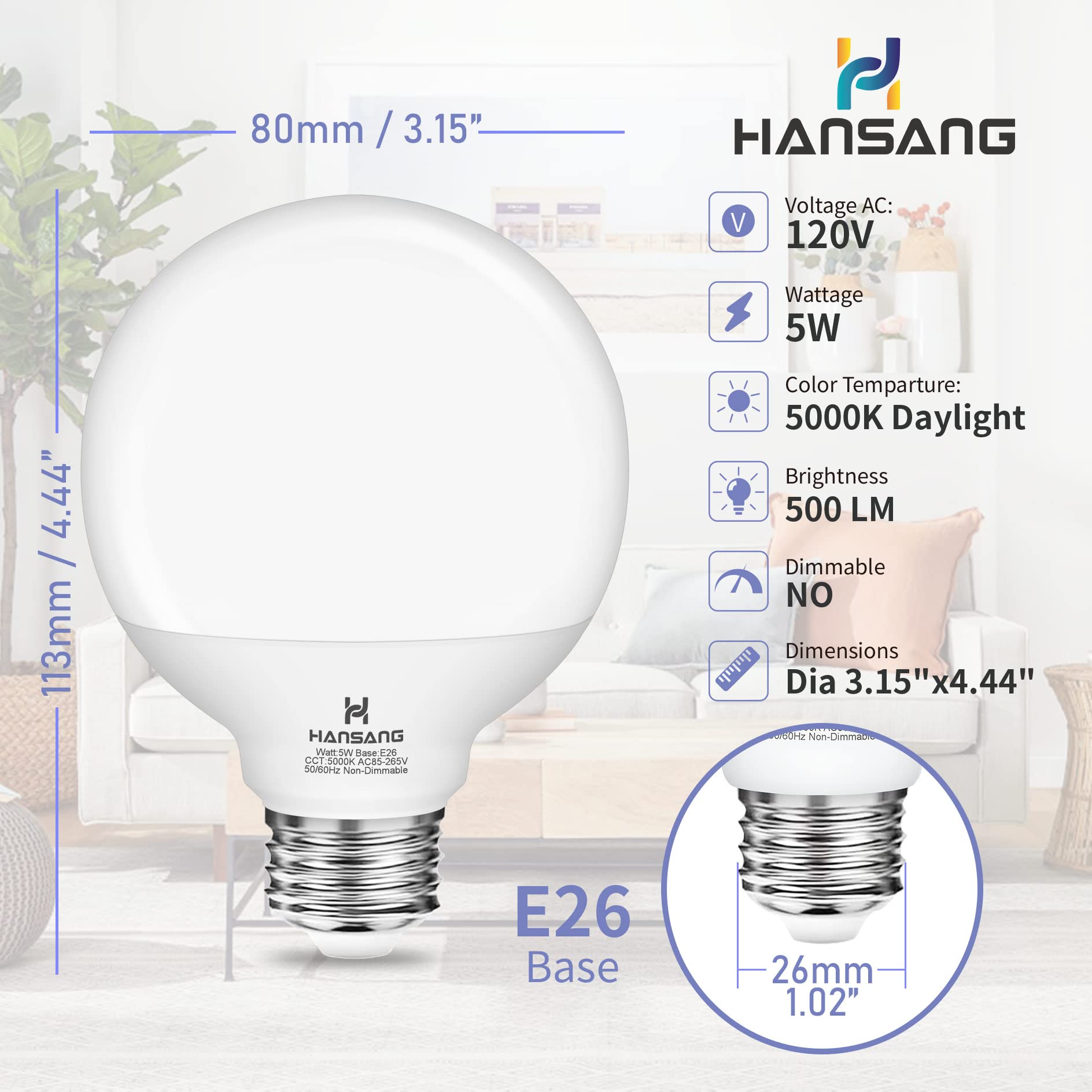 hansang 8 Pack Globe Bathroom Light Bulbs, 5000K Daylight, 60 Watt Equivalent, E26 Base G25 LED Vanity Light Bulb, Round Light Bulbs for Makeup Mirror 120V, 500LM, CRI85+, Eye Protection Non-dimmable