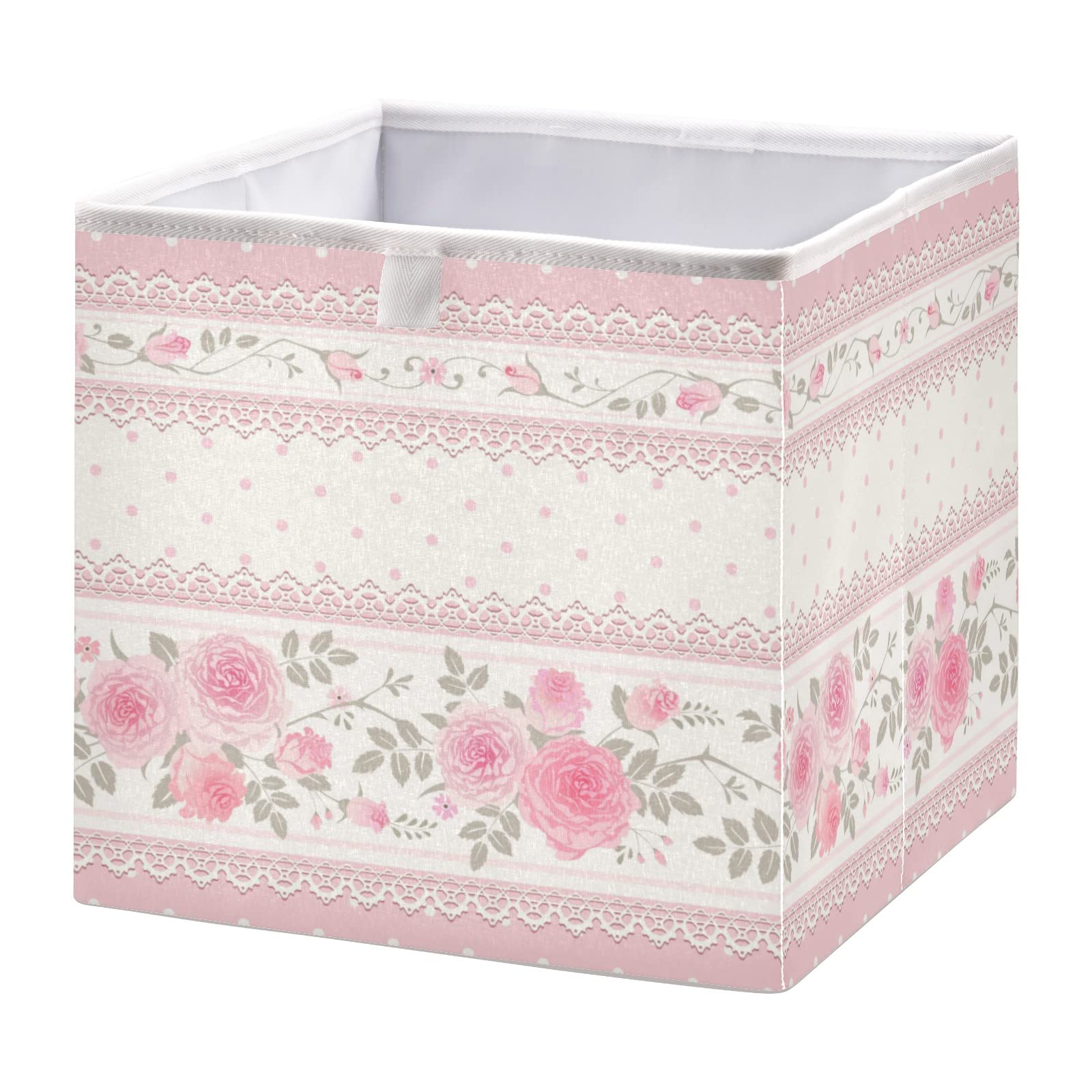 linqin Floral Pattern with Pink Roses Collapsible Open Storage Bins, Foldable Toy Nursery Storage Basket Bin Cloth Cube Rectangular Organizer with Handles for Shelves Closet Home Decor