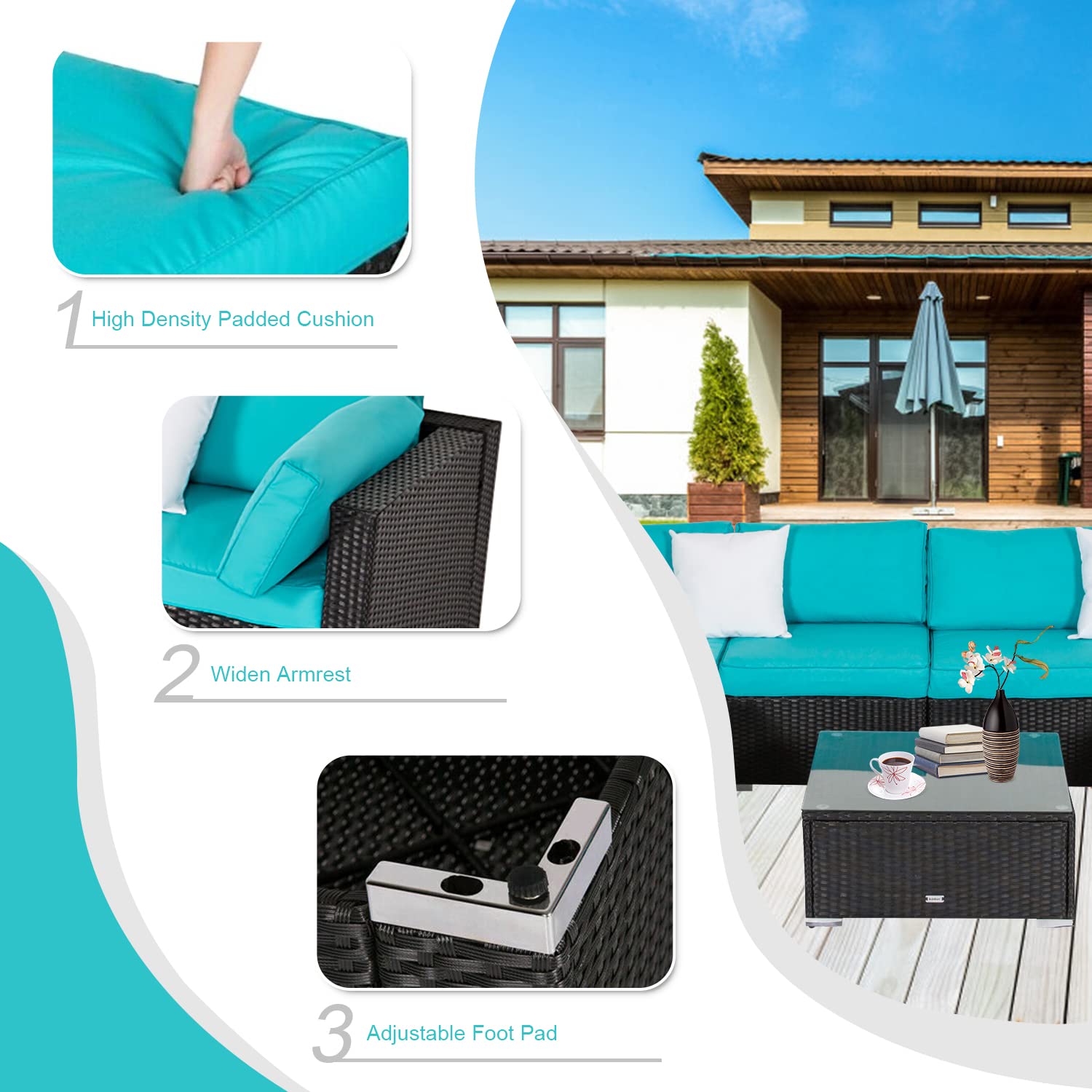 Kinfant Outdoor Patio Furniture Sofa - Sectional Patio Couch Rattan Wicker Sofa Set with Glass Tabel and Corner Seat for Poolside Garden Backyard (7 pcs, Turquoise)