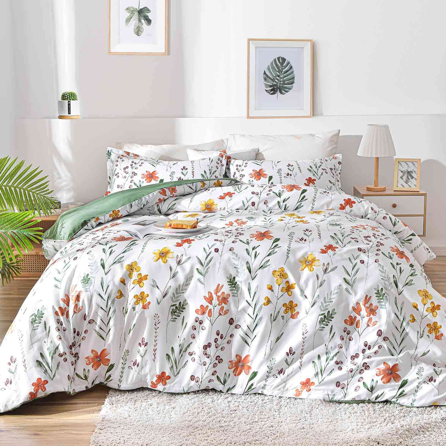 Floral Duvet Cover King Size - White Yellow Flowers and Green Leaf Spring Botanical Printed Microfiber Comforter Cover Set - 3PC 104X90 Soft and Lightweight Quilt Cover, Farmhouse Style for Women Men