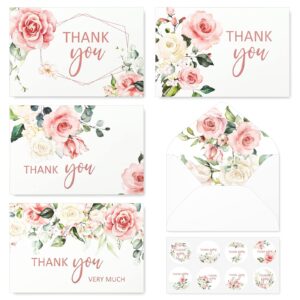 anydesign 32 pack thank you cards with envelopes stickers blush floral blank note cards bulk 4 design flower thank you greeting cards for wedding baby shower bridal shower and all occasions, 4 x 6