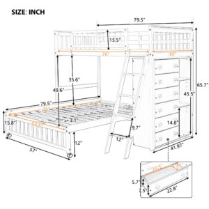 Harper & Bright Designs Twin Over Full Bunk Beds with Six Drawers and Flexible Shelves,Wooden Bunk Beds with Storage and Removable Bottom Bed for Kids Girls Boys,No Box Spring Needed (White)