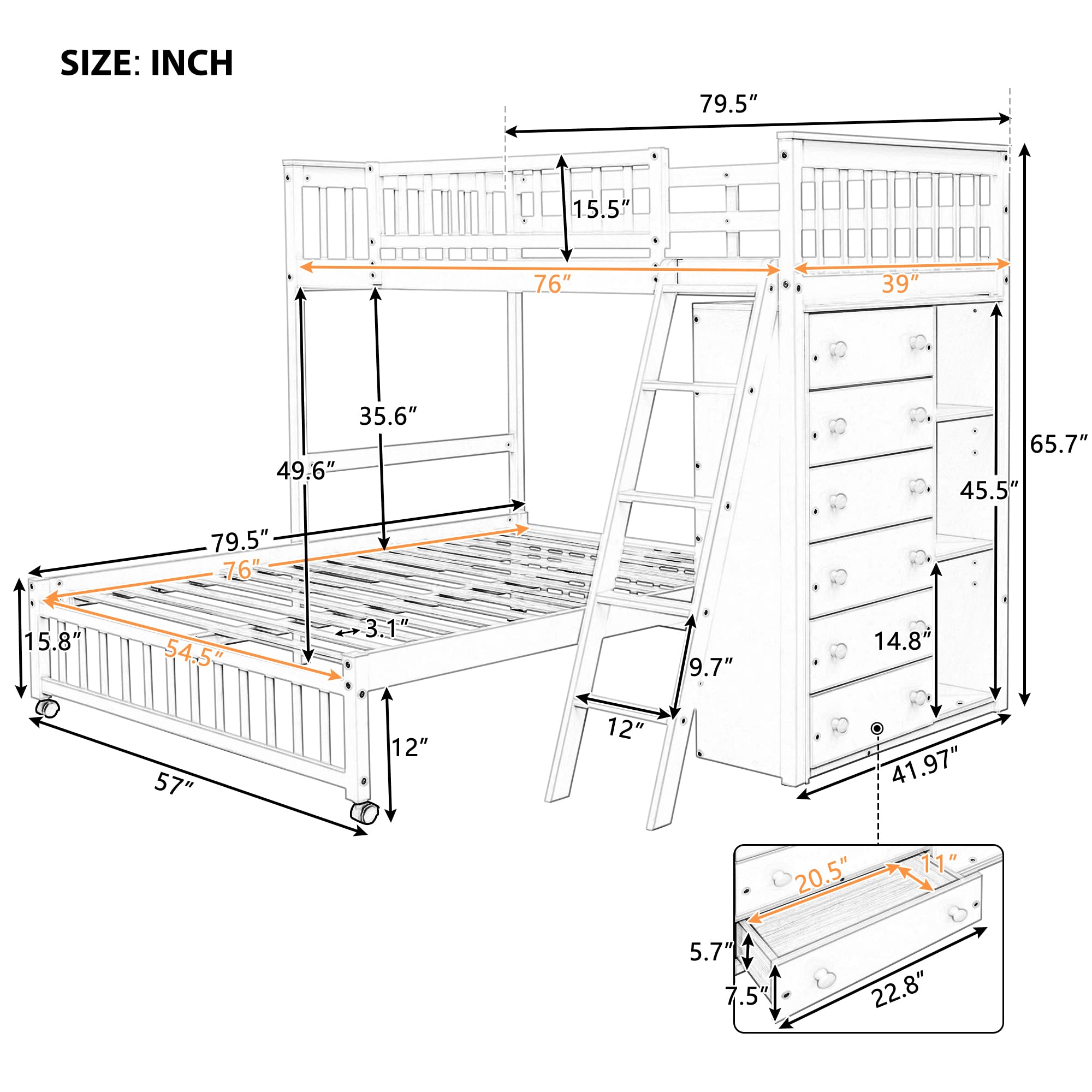 Harper & Bright Designs Twin Over Full Bunk Bed with 6 Storage Drawers and 3 Shelves, Wood Twin Loft Bed with Movable Lower Bed, No Box Spring Needed(Espresso, Bottom Bed with Wheels)