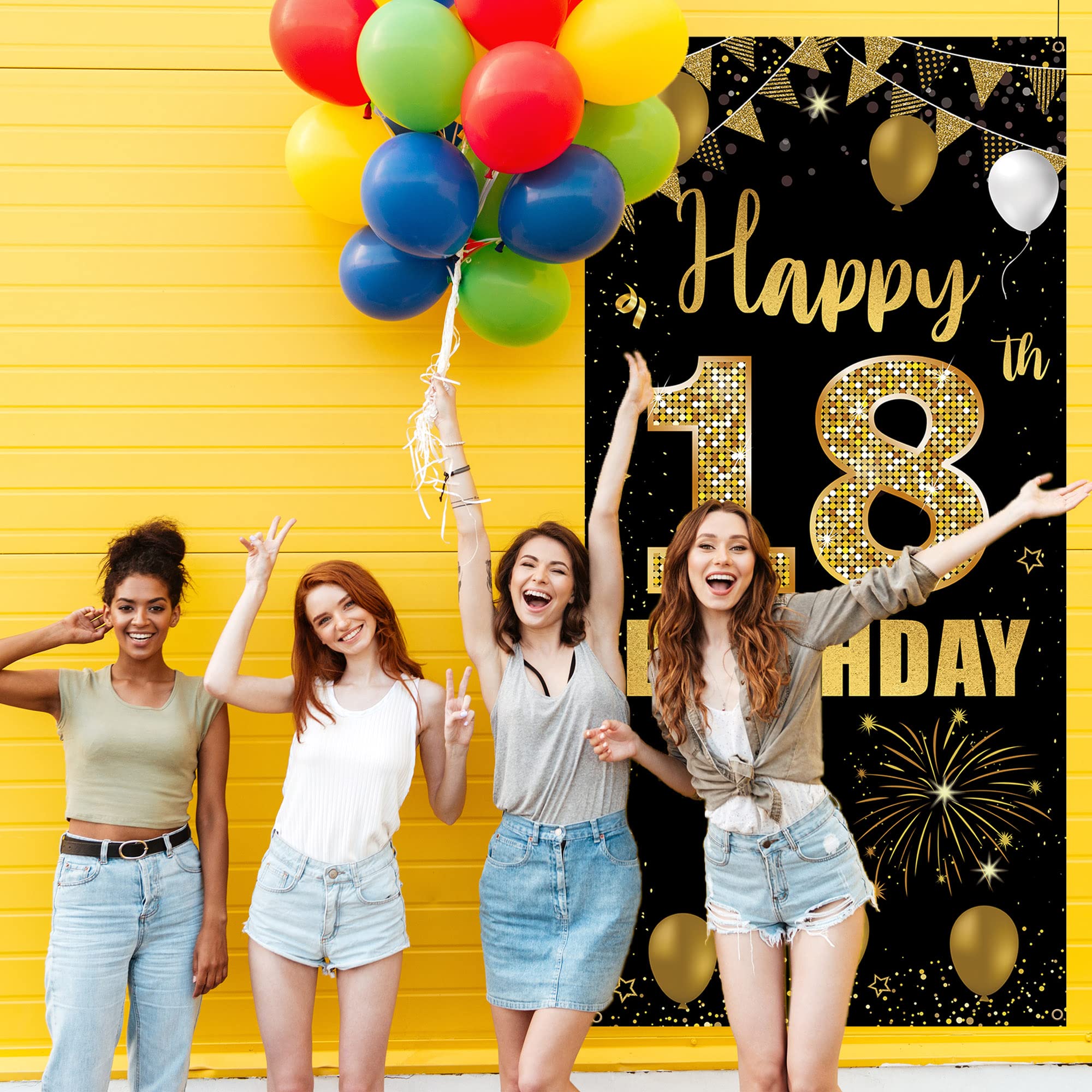 18th Birthday Door Banner Backdrop, Happy 18th Birthday Decorations for Girls Boys Black Gold, 18 Years Old Birthday Party Photo Props Yard Sign for Outdoor Indoor, Sturdy, Vicycaty