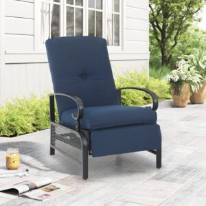 sophia & william outdoor recliner patio lounge chair adjustable reclining chair with removable cushion and metal frame for lawn pool garden backyard, navy