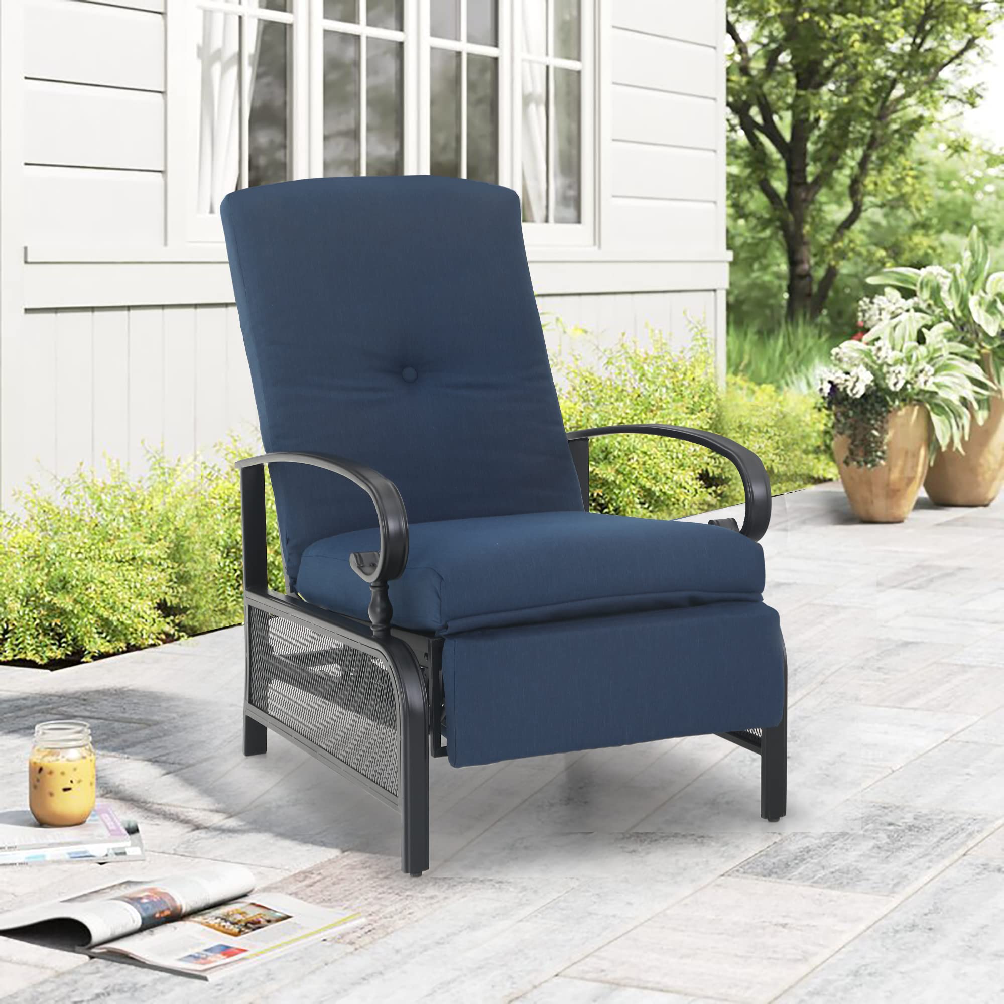 Sophia & William Outdoor Recliner Patio Lounge Chair Adjustable Reclining Chair with Removable Cushion and Metal Frame for Lawn Pool Garden Backyard, Navy