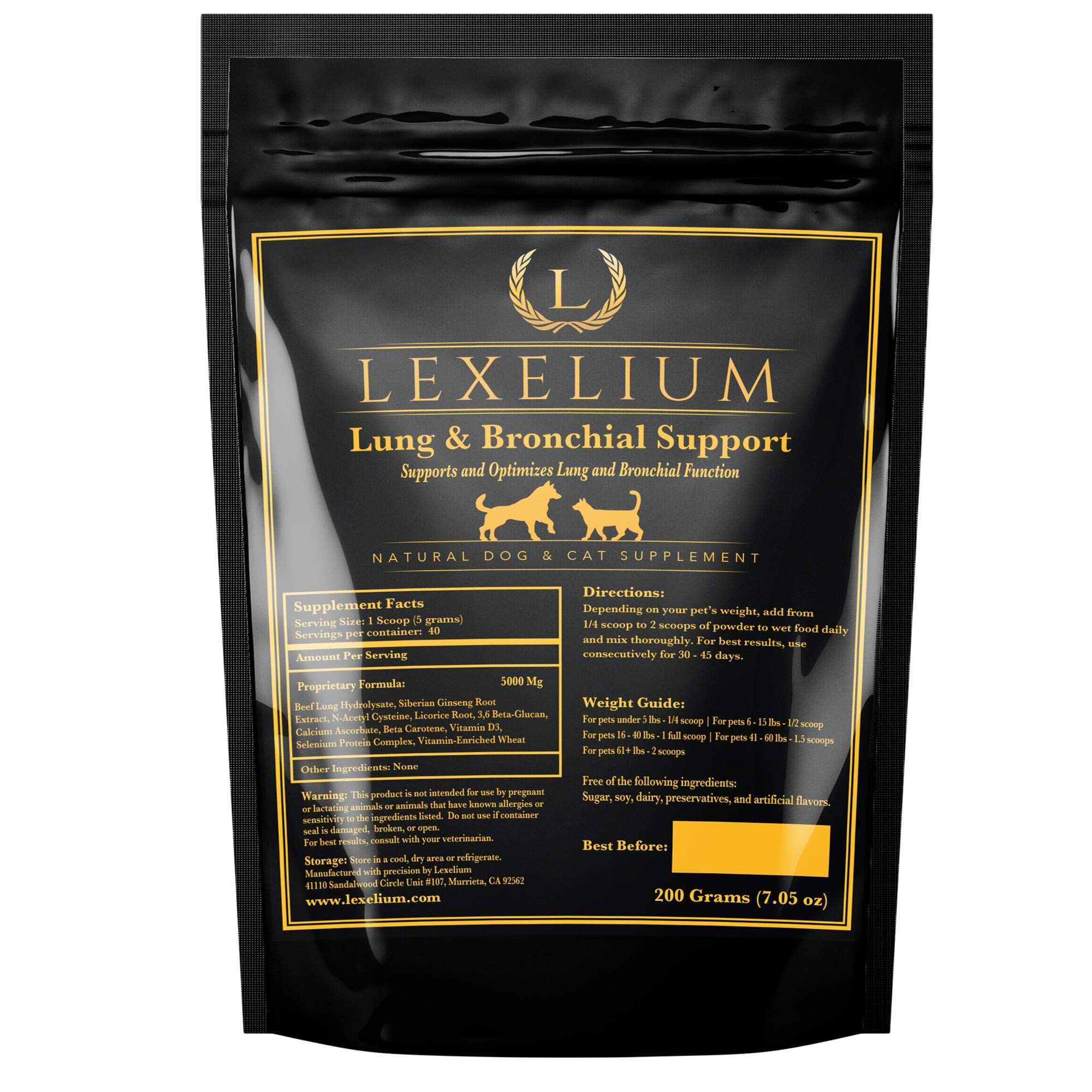 Lexelium Lung & Bronchial Supplement for Dogs and Cats - Provides Breathing Support & Keeps Lung Healthy – Optimizes Lung Function & Breathing - Easy to Mix Powder - 200G