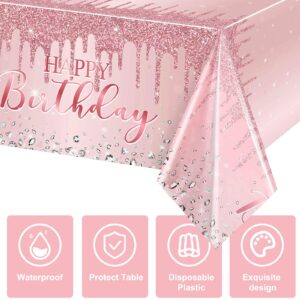 3 Pcs Pink and Rose Gold Tablecloths Glitter Diamond Table Cover PE Girl Party Glitter Table Cloths Sequin Printed Plastic Tablecloths for Girl Women Birthday Wedding Party, 54 x 108 (Happy Birthday)