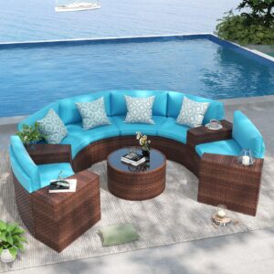 oc orange-casual half moon patio furniture sectional set, curved outdoor sofa, all-weather wicker chair and round coffee table, turquoise cushions, 11 pieces (pillows & waterproof cover included)