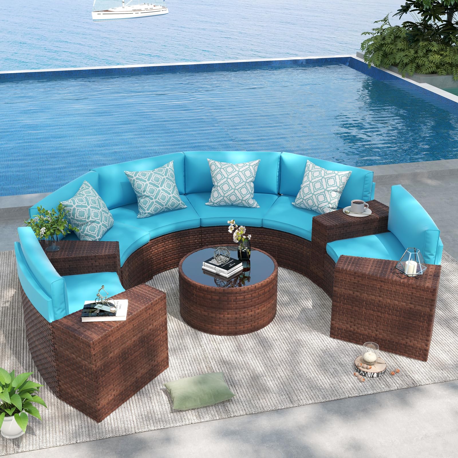 OC Orange-Casual Half Moon Patio Furniture Sectional Set, Curved Outdoor Sofa, All-Weather Wicker Chair and Round Coffee Table, Turquoise Cushions, 11 Pieces (Pillows & Waterproof Cover Included)