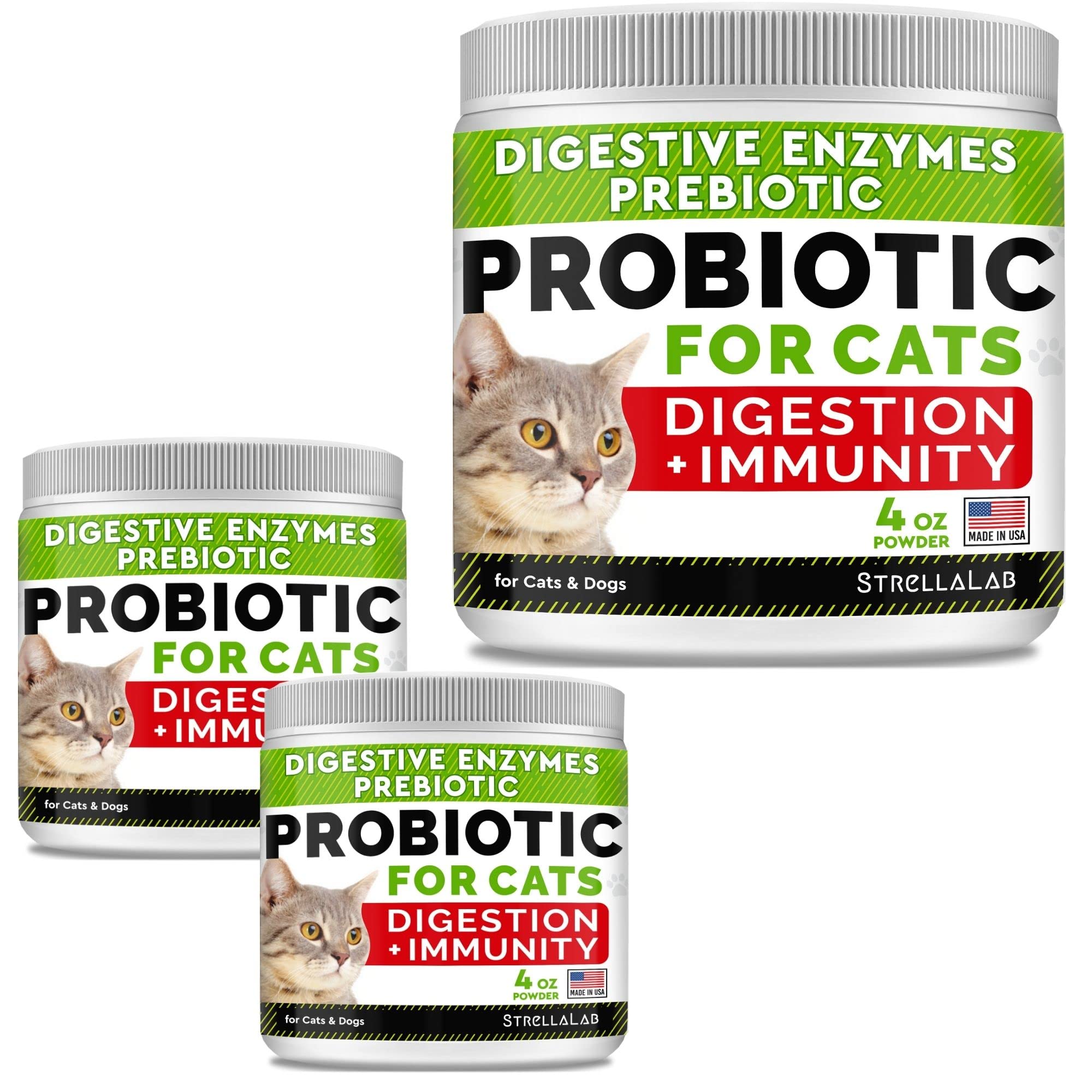 3 pack Probiotics Powder for Cats and Dogs - All Natural Supplement - Digestive Enzymes + Prebiotics - Relieves Diarrhea, Upset Stomach, Gas, Constipation, Litter Box Smell, Skin Allergy -US Made- 4oz