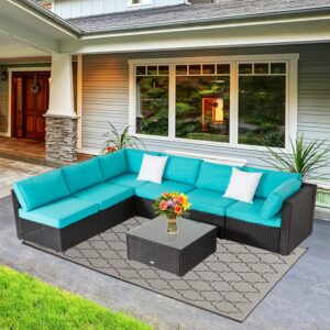 Kinfant Outdoor Patio Furniture Sofa - Sectional Patio Couch Rattan Wicker Sofa Set with Glass Tabel and Corner Seat for Poolside Garden Backyard (7 pcs, Turquoise)