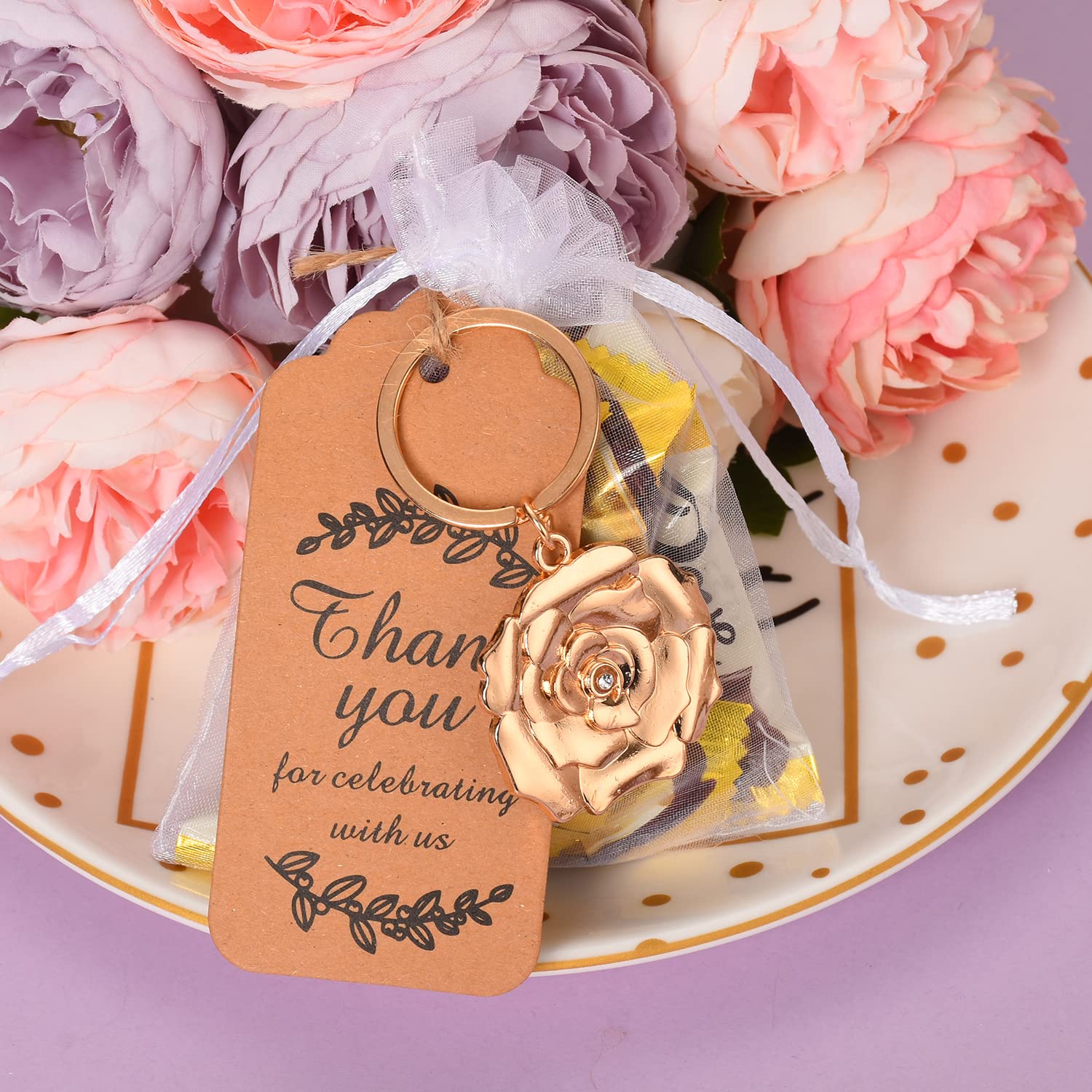 24 Rose Flower Key Chains and Keyrings for Wedding Party Favors, Creative Valentine's Day Gifts, Decorations or Bridal Shower Keepsakes