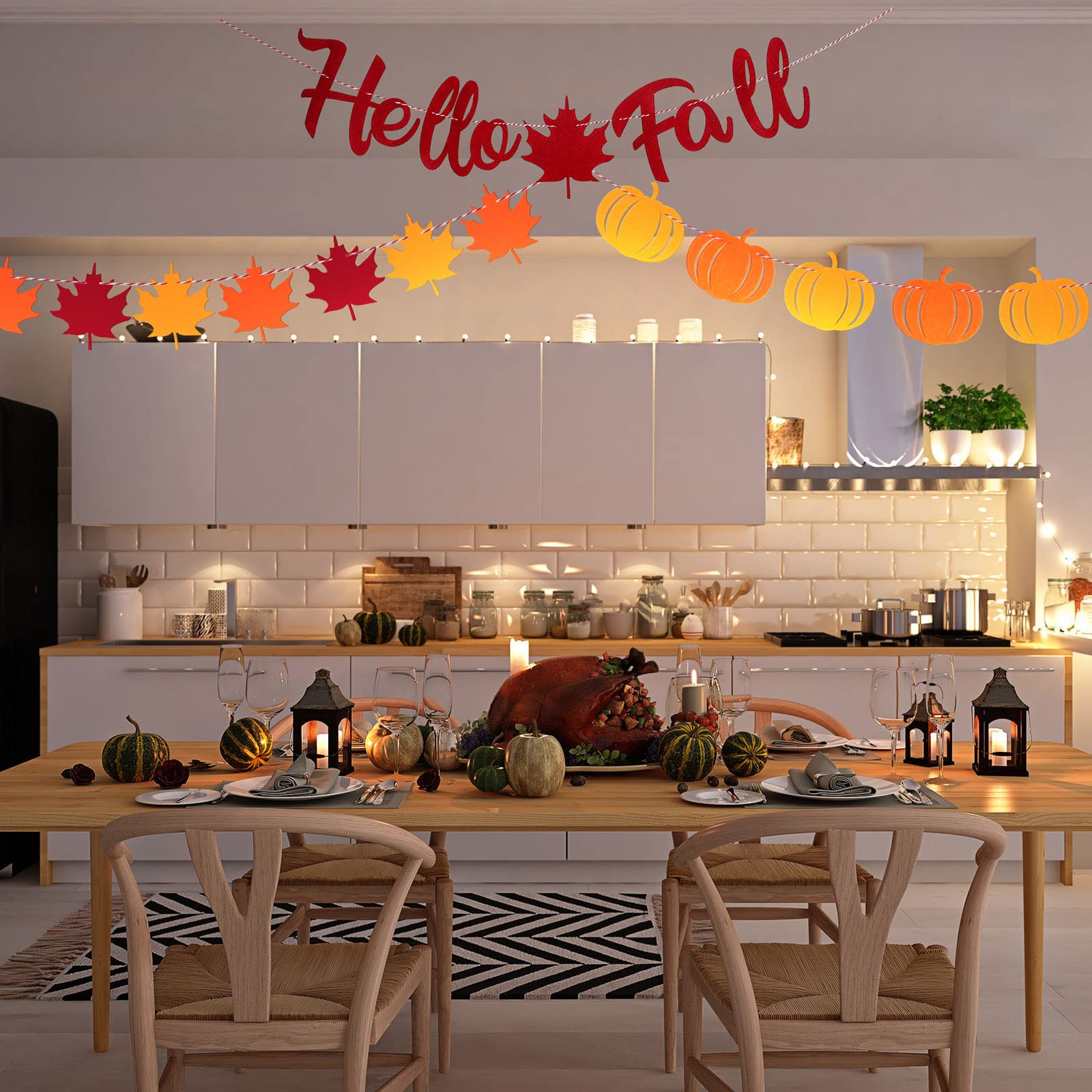 3 Pcs Hello Fall Banners Thanksgiving Fall Decoration Autumn Pumpkins Maple Leaves Garlands Mantel Bunting Harvest Banners for Fireplace Outdoors Indoors Party Hanging Celebrations Decorations (Fall)