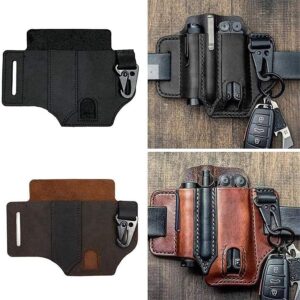 Leather Multi Tool Sheath Pocket Organizer,Multi-Function Tool Sheath for Belt, with Pen Holder, Key Chain, Flashlight Sheath.Everyday Carry (Brown)