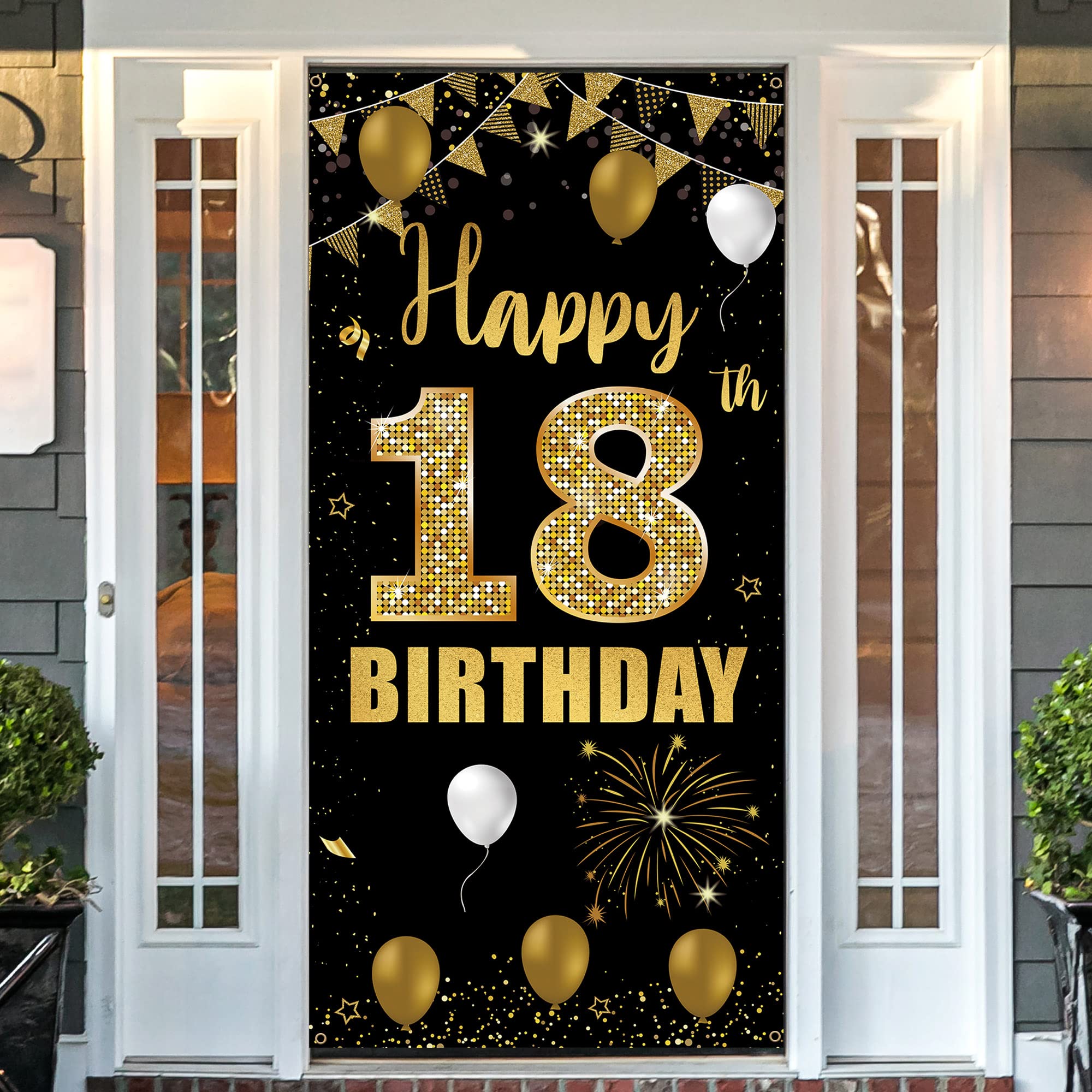 18th Birthday Door Banner Backdrop, Happy 18th Birthday Decorations for Girls Boys Black Gold, 18 Years Old Birthday Party Photo Props Yard Sign for Outdoor Indoor, Sturdy, Vicycaty