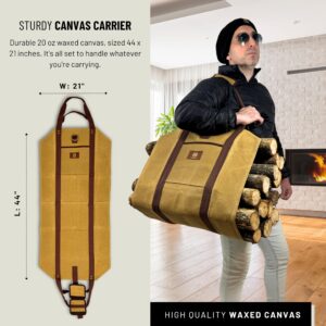 Log Carrier for Firewood Bag - 20oz Waxed Canvas wood carriers with Handles for Fire Logs storage- Fireplace and Campfire Accessories - Durable Waterproof Heavy-Duty Canvas Bag Carrier -