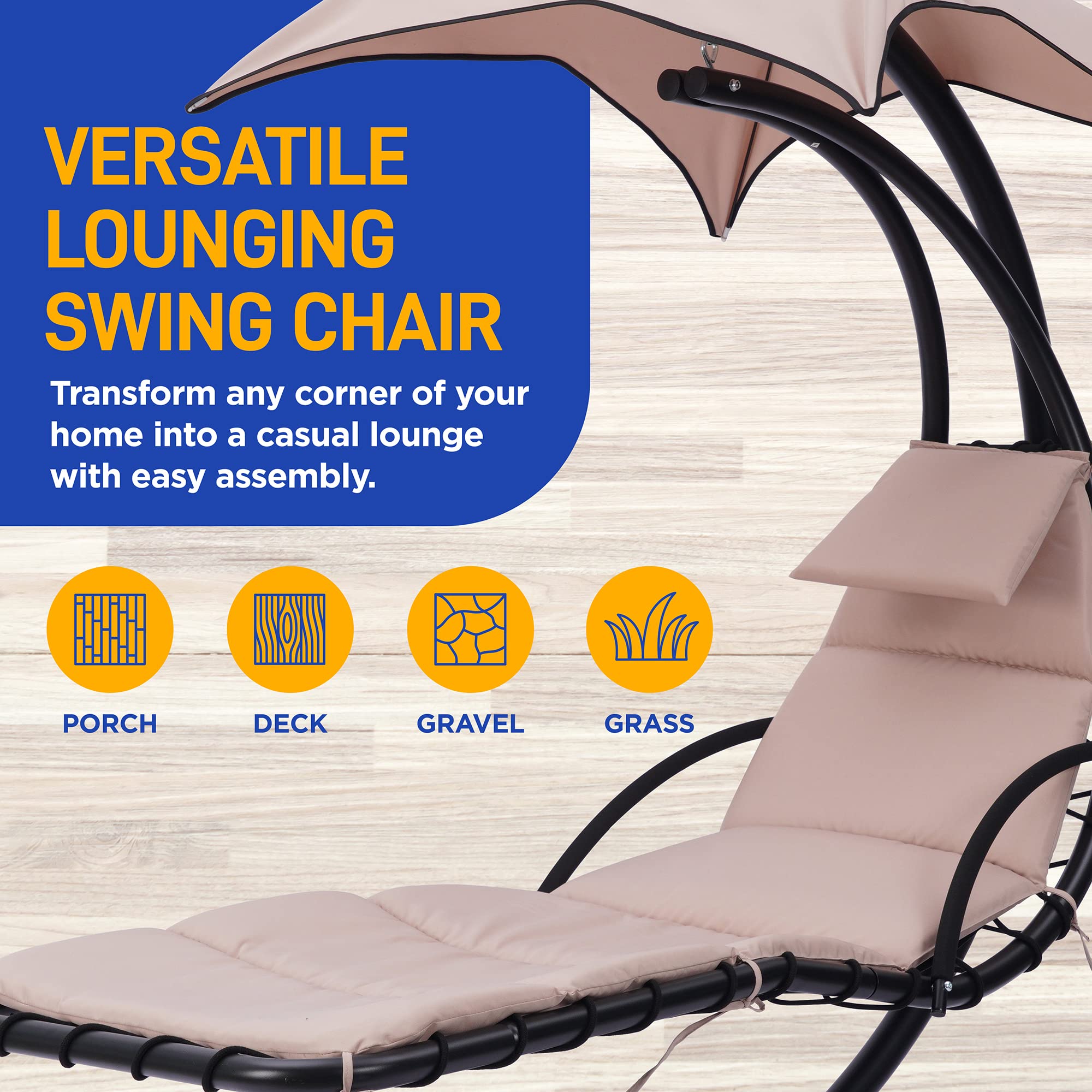 SereneLife Outdoor Hanging Curved Steel Chaise Lounge Swing Chair w/a Built-in Pillow and Removable Canopy UV Protection and Foam Covered Armrest