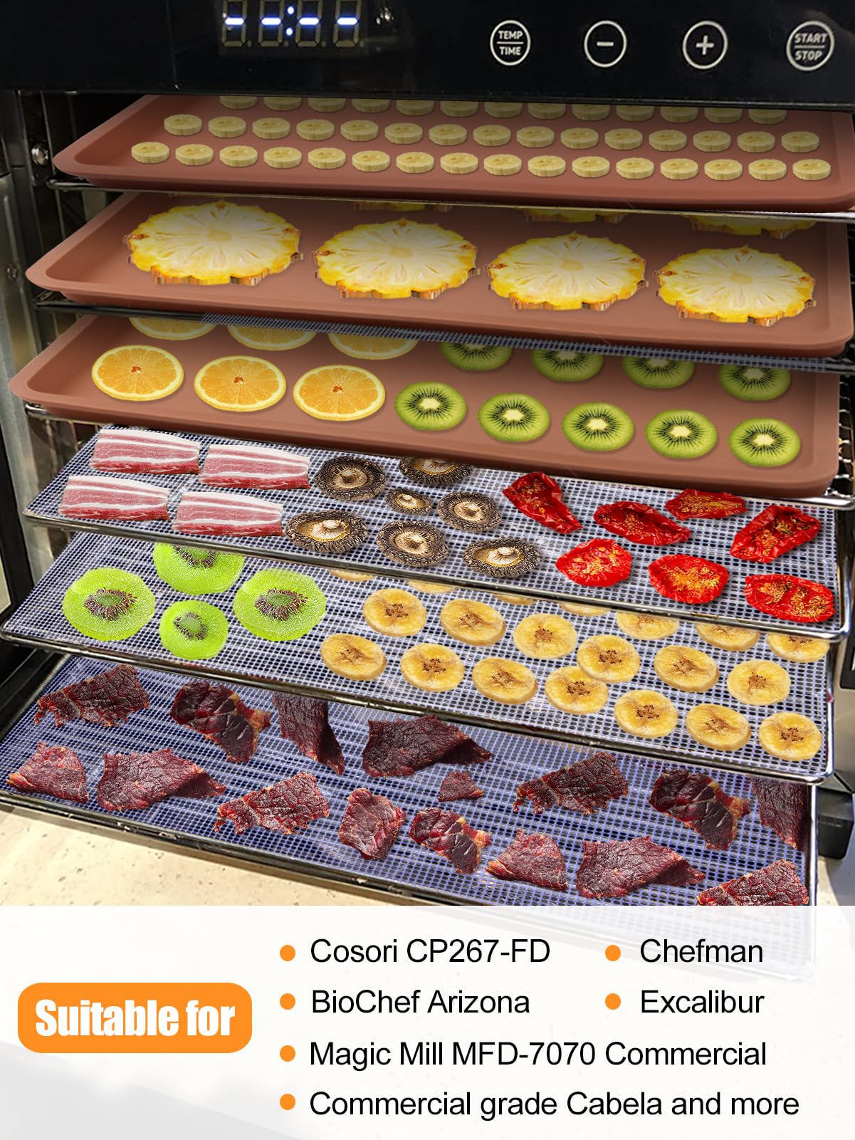 4 Silicone Dehydrator Mats with Edge + 6 Mesh Dehydrator Sheets Reusable Non-stick Fruit Dehydrator Mats Compatible with Cosori CP267-FD Silicone Tray Liner for Fruits Meat Vegetables(Pack of 10)