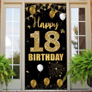 18th Birthday Door Banner Backdrop, Happy 18th Birthday Decorations for Girls Boys Black Gold, 18 Years Old Birthday Party Photo Props Yard Sign for Outdoor Indoor, Sturdy, Vicycaty