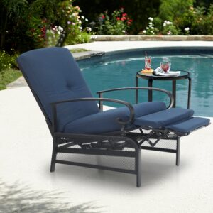 Sophia & William Outdoor Recliner Patio Lounge Chair Adjustable Reclining Chair with Removable Cushion and Metal Frame for Lawn Pool Garden Backyard, Navy