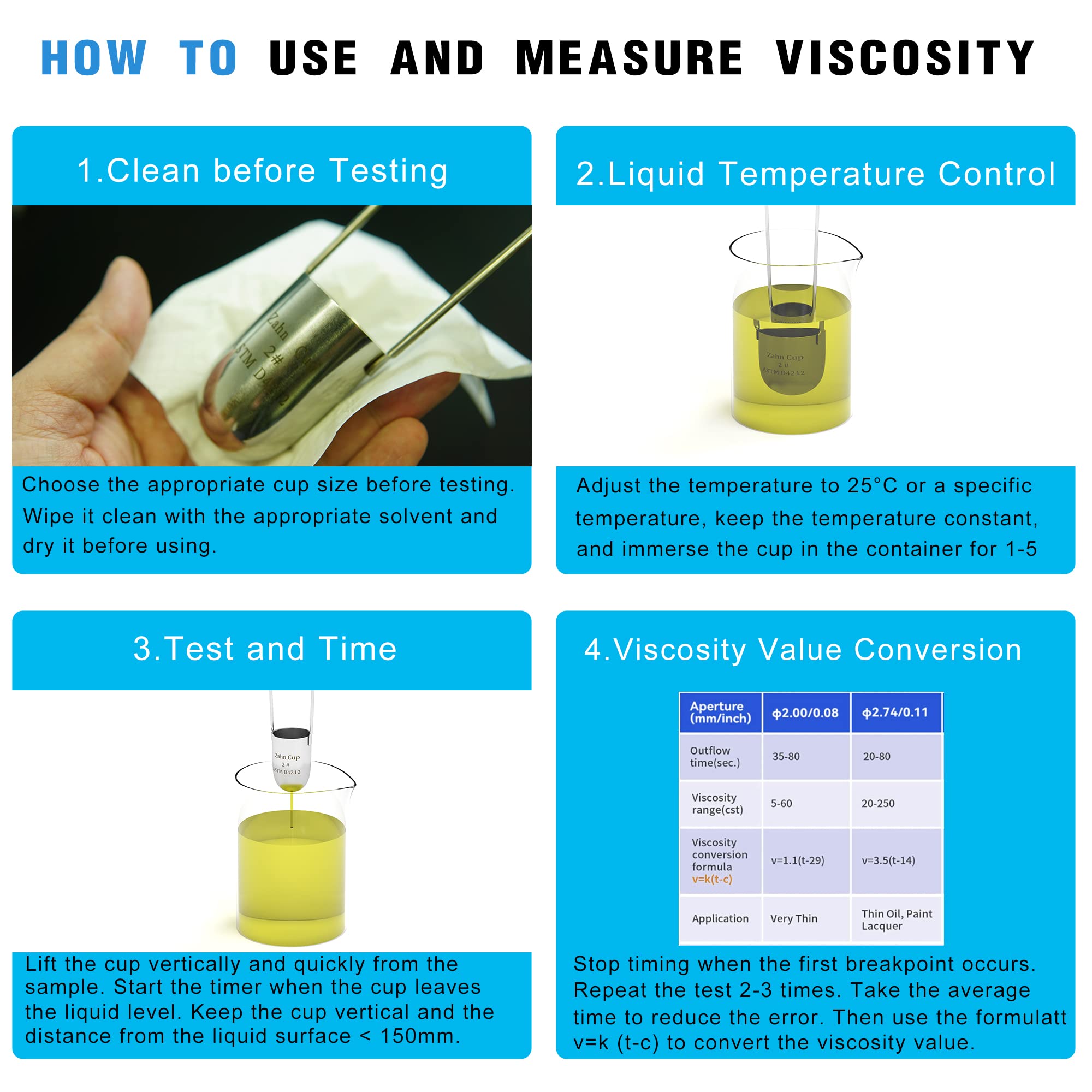 Zahn Cup No. 2 Viscosity Cup #2 Viscometer 44ml Dip Type Stainless Steel Flow Cup for Oil Dye Paint Finishes Honey Sauce