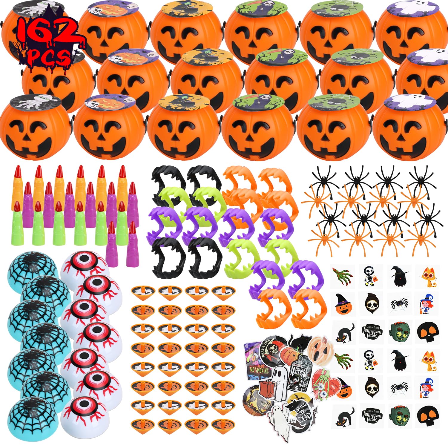 TOY Life Halloween Toys Prefilled Pumpkins Buckets Halloween Party Favors for Kids Bulk, 162Pcs Halloween Pinata Stuffers Halloween Bucket Goodies Bag Halloween Prizes Trick or Halloween Treats