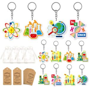 buywumore science party favors 12 sets with keychains thank you kraft tags and organza bags for scientist theme birthday party classroom rewards school party supplies