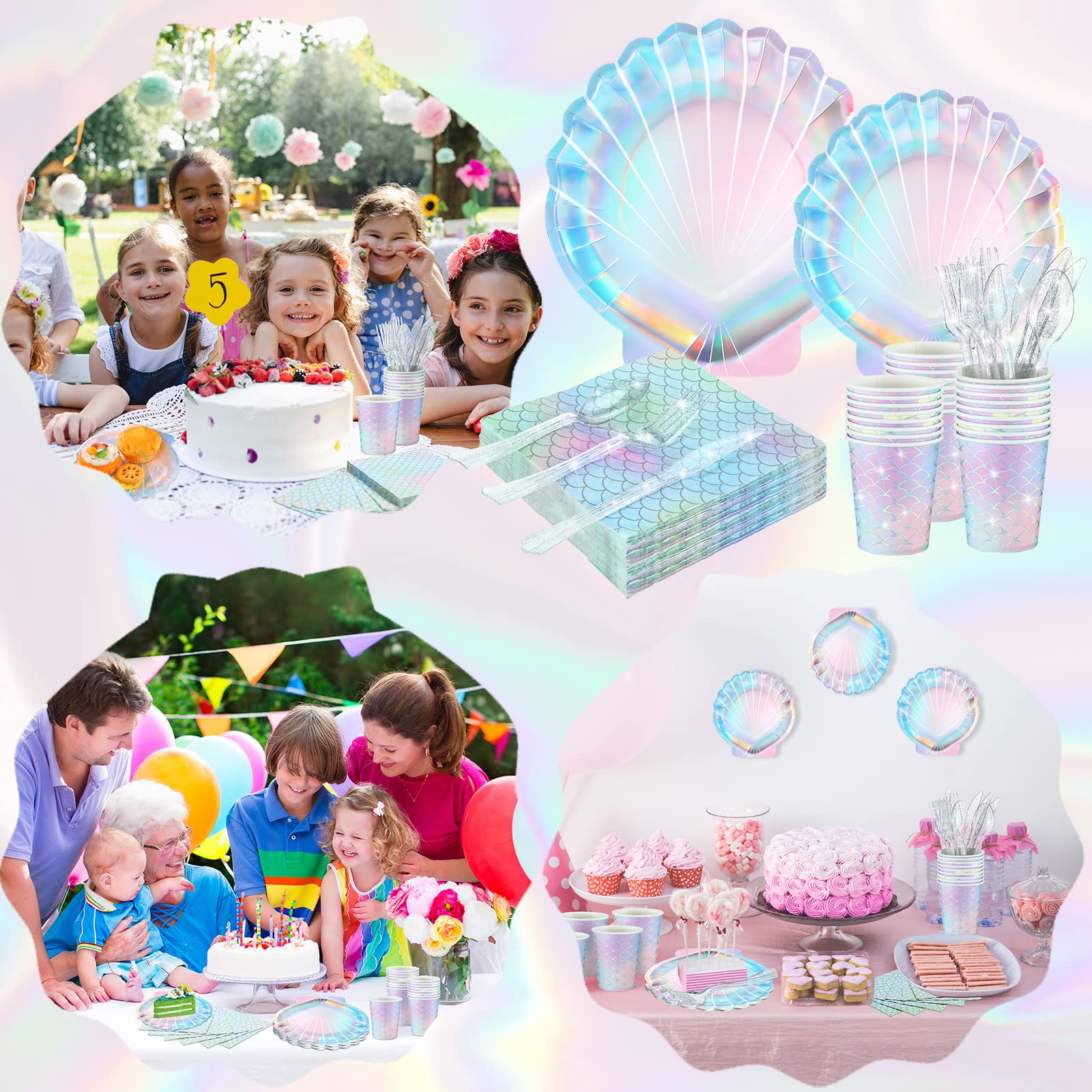 144 Pcs Mermaid Party Supplies Tableware Mermaids Themed Decorations Under the Sea Party Dinnerware Set Includes Plates Napkins Cups Spoons Fork Knives for Baby Shower Birthday Party(Classic Style)