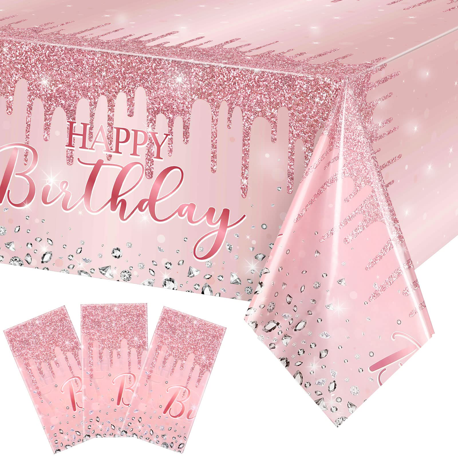 3 Pcs Pink and Rose Gold Tablecloths Glitter Diamond Table Cover PE Girl Party Glitter Table Cloths Sequin Printed Plastic Tablecloths for Girl Women Birthday Wedding Party, 54 x 108 (Happy Birthday)