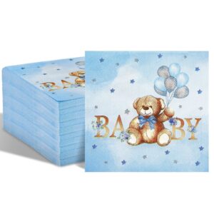 100 pack bear baby shower napkins square bear 3 ply paper napkins blue disposable balloon star bear cocktail napkins for baby shower gender reveal birthday party decorations, 5 x 5 inch