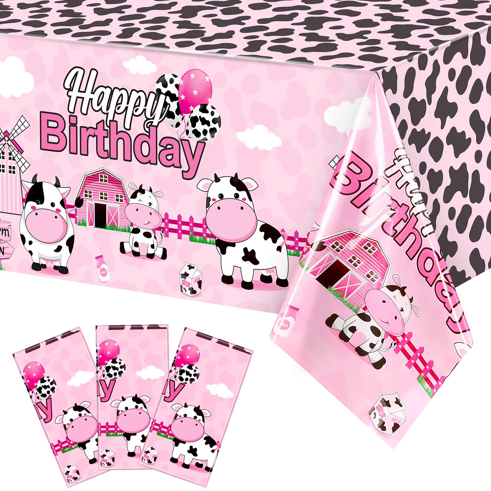 Tiamon 3 Pieces Cow Birthday Party Tablecloth Decorations Plastic Farm Animal Table Cover Pink Cow Print Table Cloths for Farmhouse Girls Happy Birthday Baby Shower Party Supplies, 108 x 54 Inches