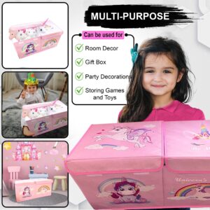 NINOSTAR Girls Unicorn Toy Storage Chest Glowing Décor Functional Organizer Cube Drop Fabric Box with Handles Perfect for Games, Parties, Birthdays