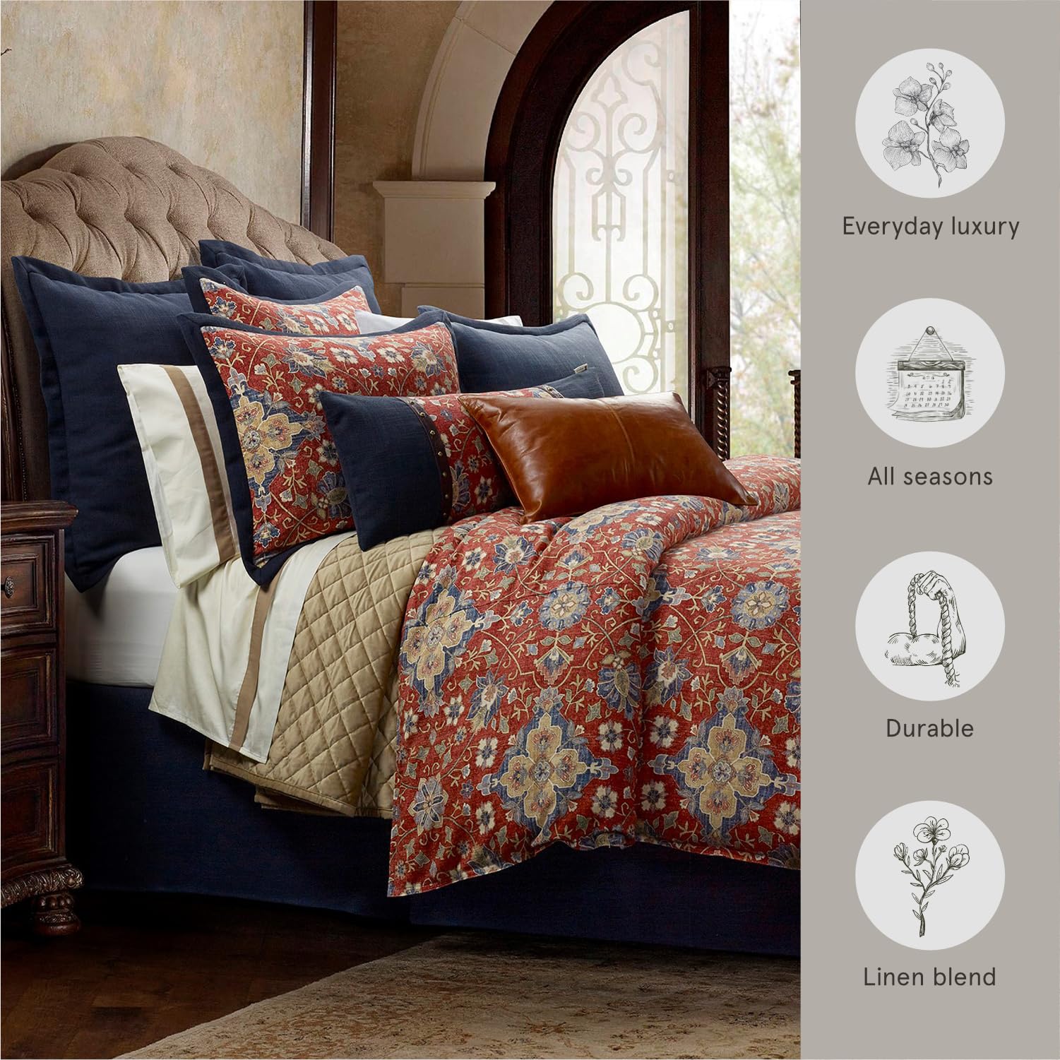 HiEnd Accents Washed Linen Melinda 3 Piece Floral Duvet Cover Set, King Size, Red Navy Blue Medallion Bedding, Classic Western Modern Rustic Lodge Style, Flower Linen Comforter Cover with Pillow Shams