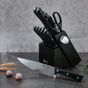 Hanmaster Knife Set, 13 Pieces Stainless Steel Knife Sets for Kitchen with Block, Kitchen Scissors, Sharp Kitchen Knife for Home and Restaurants, Box Packed，Elegant Black.