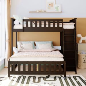 Harper & Bright Designs Twin Over Full Bunk Bed with 6 Storage Drawers and 3 Shelves, Wood Twin Loft Bed with Movable Lower Bed, No Box Spring Needed(Espresso, Bottom Bed with Wheels)