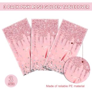 3 Pcs Pink and Rose Gold Tablecloths Glitter Diamond Table Cover PE Girl Party Glitter Table Cloths Sequin Printed Plastic Tablecloths for Girl Women Birthday Wedding Party, 54 x 108 (Happy Birthday)