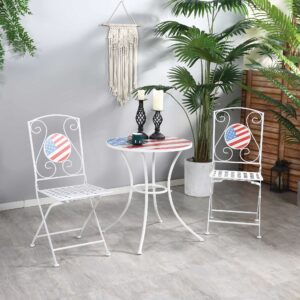 Outsunny 3 Piece Patio Bistro Set, Folding Outdoor Furniture with USA Mosaic Table and Chairs, Portable Metal Frames for 4th of July, Balcony, Backyard, Poolside, Porch, American Flag