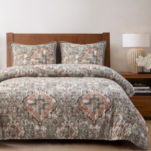 HiEnd Accents Carmen Kilim 3 Piece Duvet Cover Set with Pillow Shams, Gray Medallion Pattern, King Size, Classic Traditional Modern Rustic Bedding, Linen Duvet Cover with 2 Pillowcases