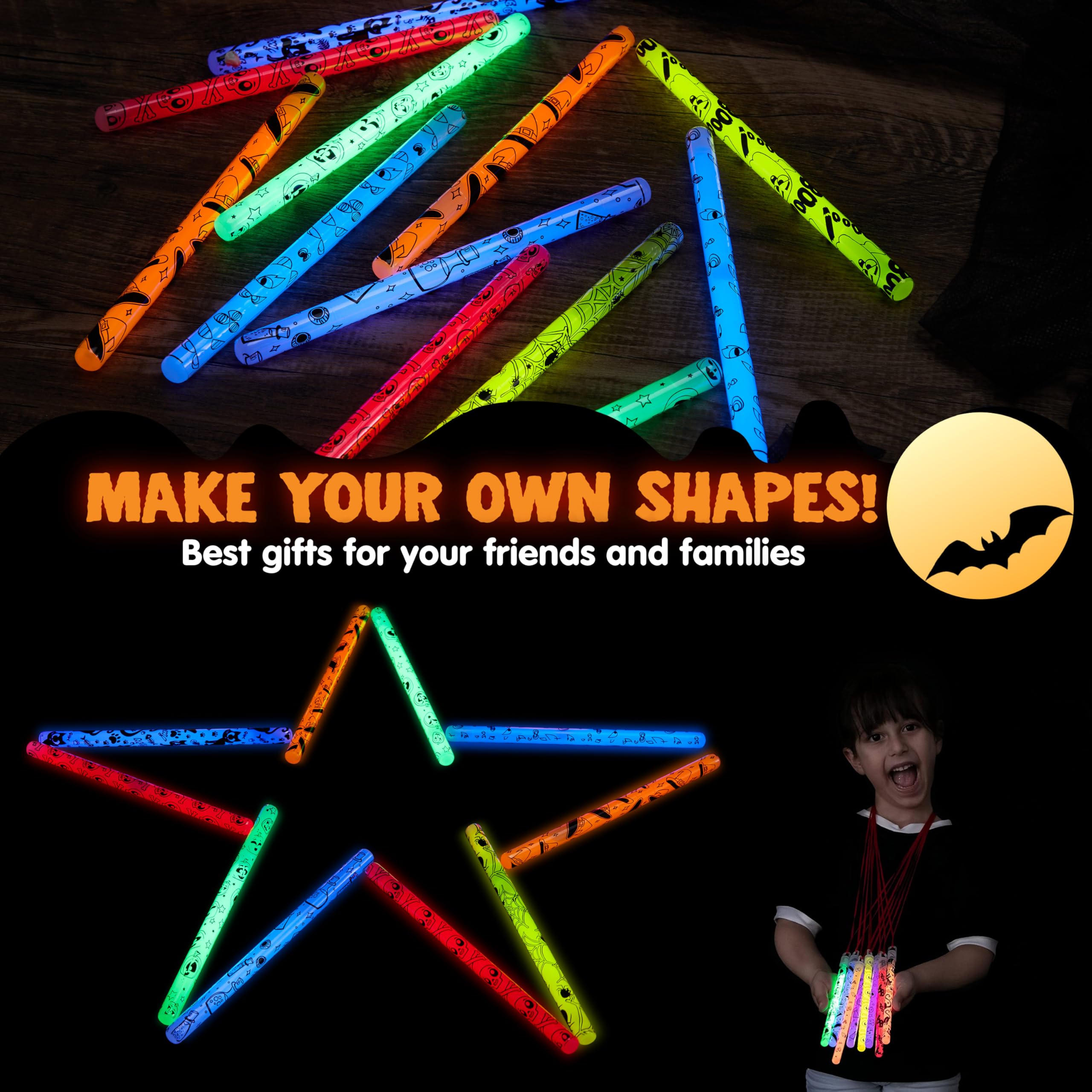 JOYIN 30 Pcs Halloween Glow Sticks Bulk Party Pack, Hanging Wands in 8 Designs, 6 Colors Light Up Sticks for Kids Glow in The Dark Halloween Party Favor Supplies, Halloween Goodie Bag Filler