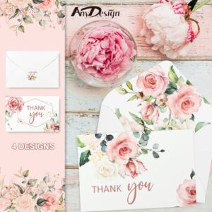 AnyDesign 32 Pack Thank You Cards with Envelopes Stickers Blush Floral Blank Note Cards Bulk 4 Design Flower Thank You Greeting Cards for Wedding Baby Shower Bridal Shower and All Occasions, 4 x 6