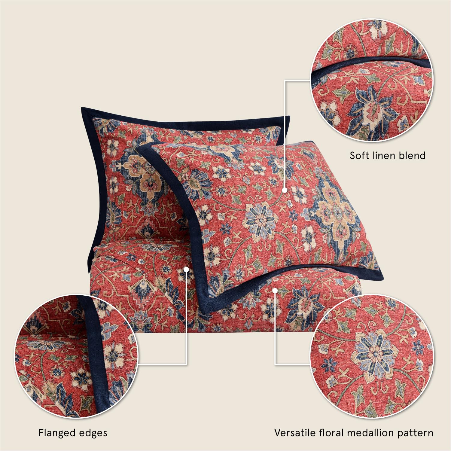 HiEnd Accents Washed Linen Melinda 3 Piece Floral Duvet Cover Set, King Size, Red Navy Blue Medallion Bedding, Classic Western Modern Rustic Lodge Style, Flower Linen Comforter Cover with Pillow Shams