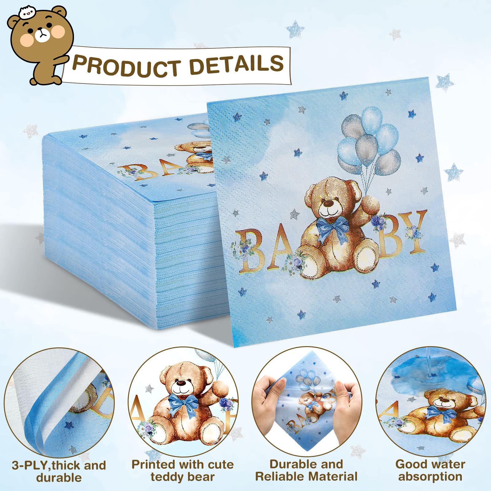 100 Pack Bear Baby Shower Napkins Square Bear 3 Ply Paper Napkins Blue Disposable Balloon Star Bear Cocktail Napkins for Baby Shower Gender Reveal Birthday Party Decorations, 5 x 5 Inch