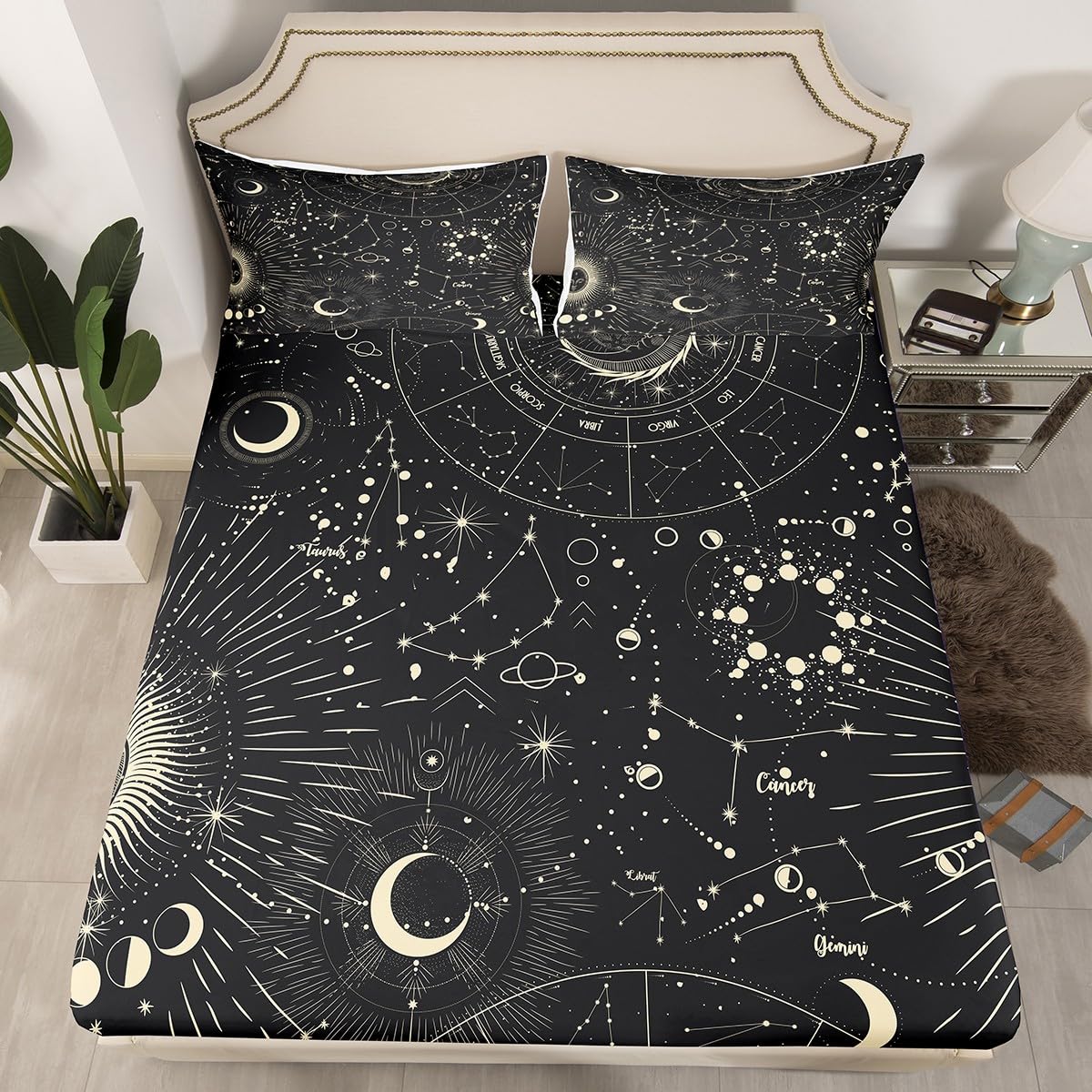 Feelyou Sun and Moon Fitted Sheet Boho Exotic Bedding Set Galaxy Astrology Bed Sheet Set for Boys Girls Kids Teens Bedroom Decor Chic Cute Luxury Zodiac Signs Bed Cover Bedding Sheet Twin Size 3Pcs