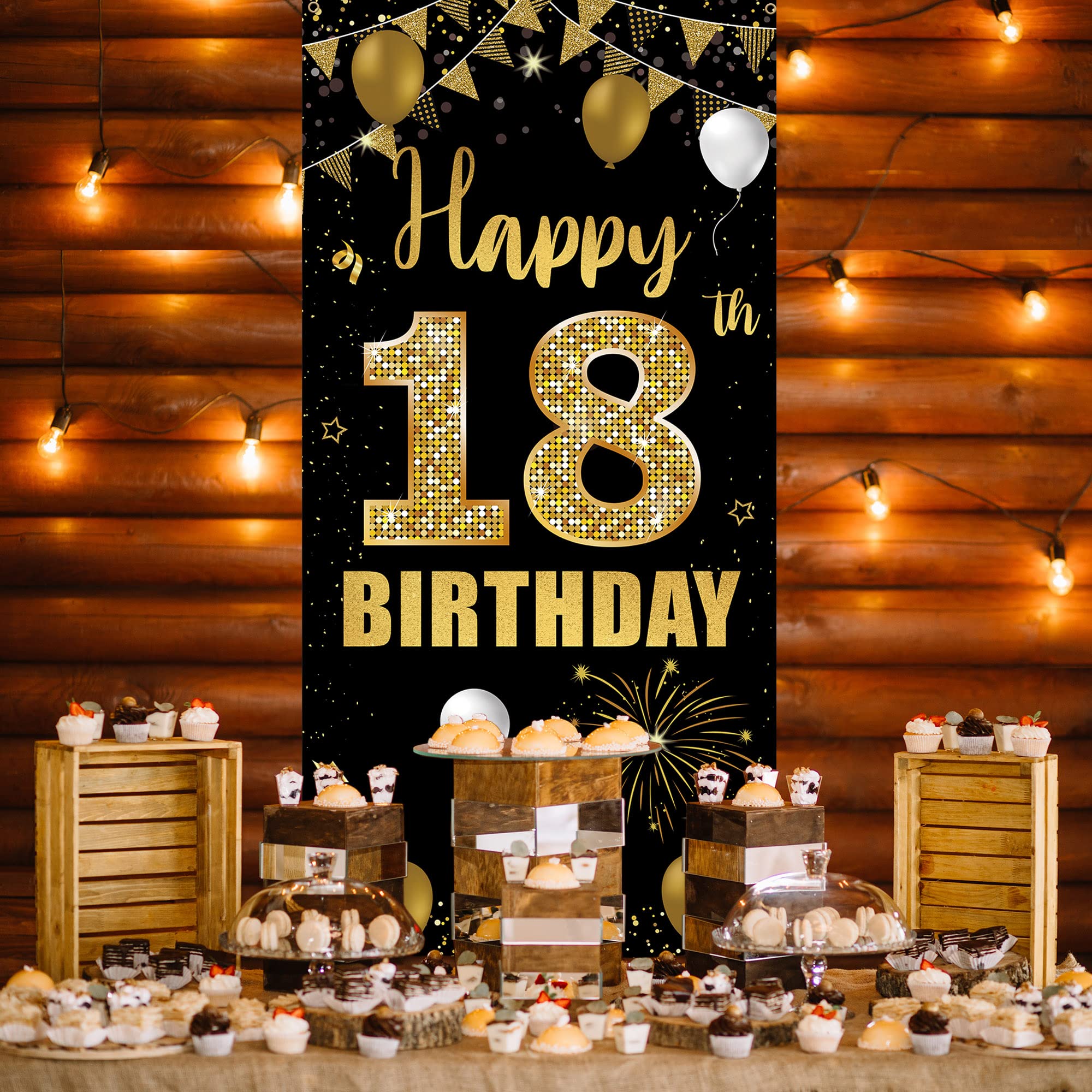 18th Birthday Door Banner Backdrop, Happy 18th Birthday Decorations for Girls Boys Black Gold, 18 Years Old Birthday Party Photo Props Yard Sign for Outdoor Indoor, Sturdy, Vicycaty