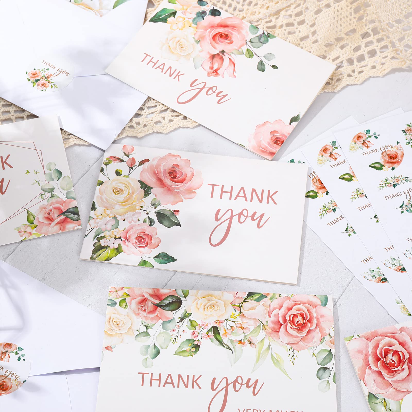 AnyDesign 32 Pack Thank You Cards with Envelopes Stickers Blush Floral Blank Note Cards Bulk 4 Design Flower Thank You Greeting Cards for Wedding Baby Shower Bridal Shower and All Occasions, 4 x 6