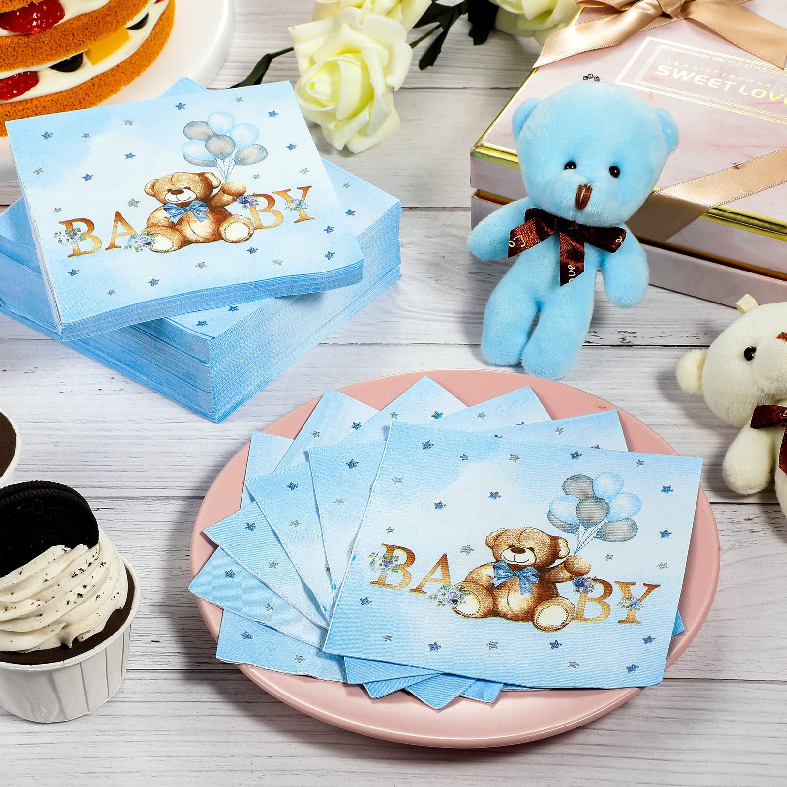 100 Pack Bear Baby Shower Napkins Square Bear 3 Ply Paper Napkins Blue Disposable Balloon Star Bear Cocktail Napkins for Baby Shower Gender Reveal Birthday Party Decorations, 5 x 5 Inch